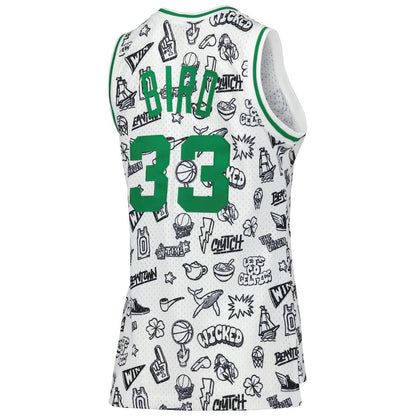 B.Celtics #33 Larry Bird Mitchell & Ness 1985 Doodle Swingman Jersey White Stitched American Basketball Jersey
