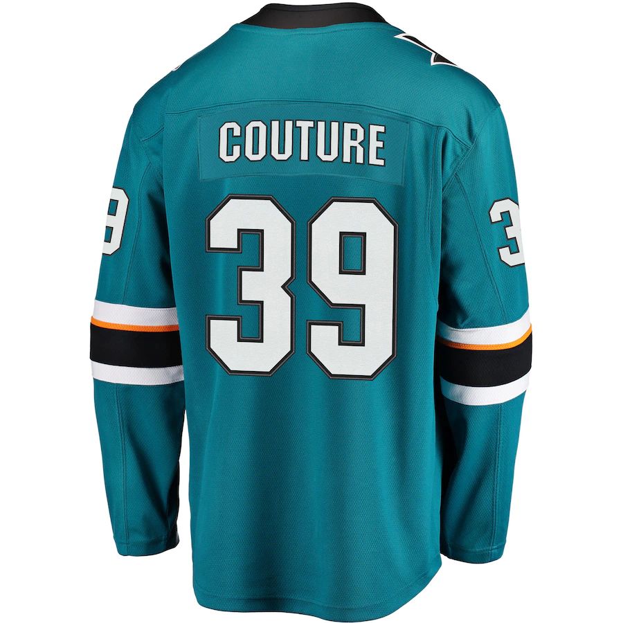 SJ.Sharks #39 Logan Couture Fanatics Branded 2021-22 Home Premier Breakaway Player Jersey Teal Stitched American Hockey Jerseys CustomName