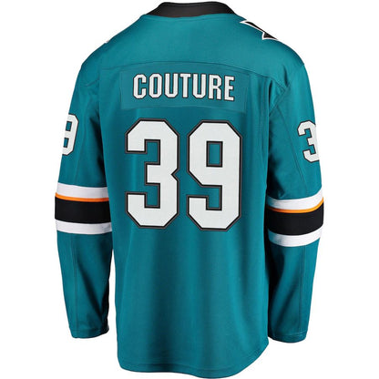 SJ.Sharks #39 Logan Couture Fanatics Branded 2021-22 Home Premier Breakaway Player Jersey Teal Stitched American Hockey Jerseys CustomName