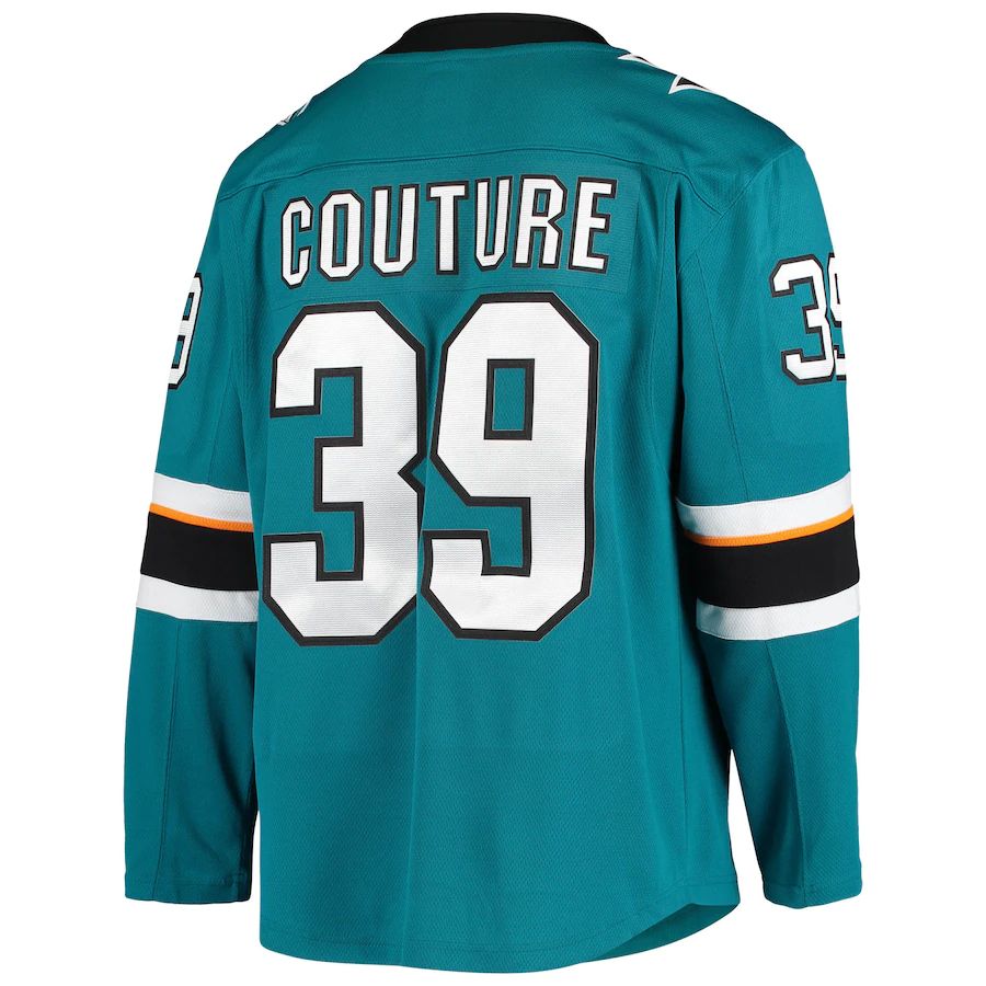 SJ.Sharks #39 Logan Couture Fanatics Branded Home Alternate Captain Premier Breakaway Player Jersey Teal Stitched American Hockey Jerseys CustomName