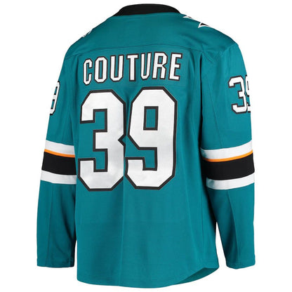 SJ.Sharks #39 Logan Couture Fanatics Branded Home Alternate Captain Premier Breakaway Player Jersey Teal Stitched American Hockey Jerseys CustomName