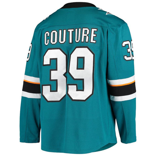 SJ.Sharks #39 Logan Couture Fanatics Branded Home Alternate Captain Premier Breakaway Player Jersey Teal Stitched American Hockey Jerseys CustomName