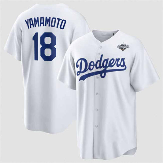 Los Angeles Dodgers #18 Yoshinobu Yamamoto White 2025 World Series Home Cool Base Stitched Baseball Jersey