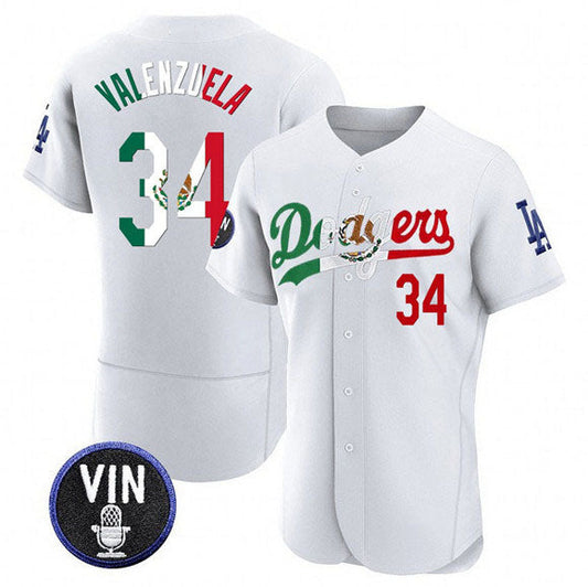 Los Angeles Dodgers #34 Fernando Valenzuela White Mexico Special Vin Scully Patch Flex Base Stitched Baseball Jersey