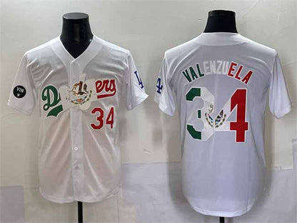 Los Angeles Dodgers #34 Fernando Valenzuela White Mexico Special Vin Scully Patch Stitched Baseball Jersey