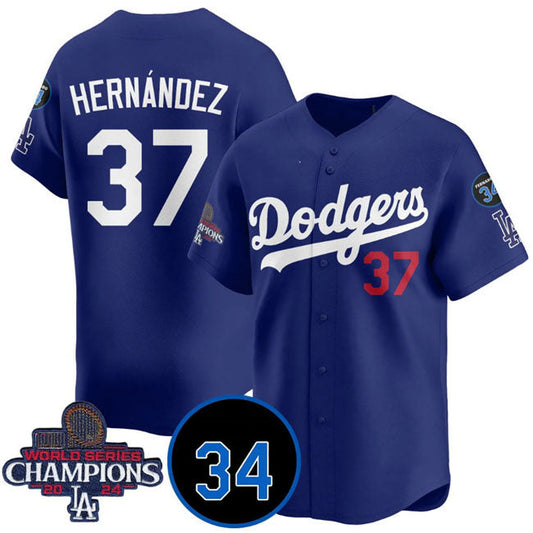 Los Angeles Dodgers #37 Teoscar Hernandez Royal 2024 World Series Champions With Fernando Memorial Patch Vapor Premier Limited Stitched Baseball Jersey