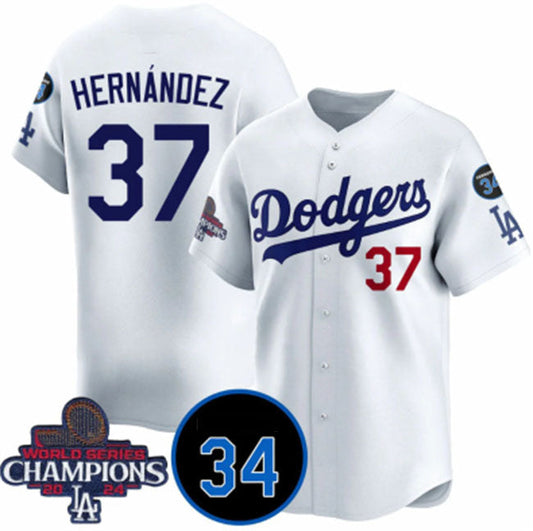 Los Angeles Dodgers #37 Teoscar Hernandez White 2024 World Series Champions With Fernando Memorial Patch Vapor Premier Home Limited Stitched Baseball Jersey