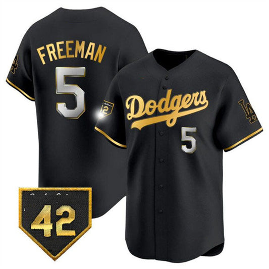 Los Angeles Dodgers #5 Freddie Freeman Black Gold With Jackie Robinson Patch Limited Stitched Baseball Jersey