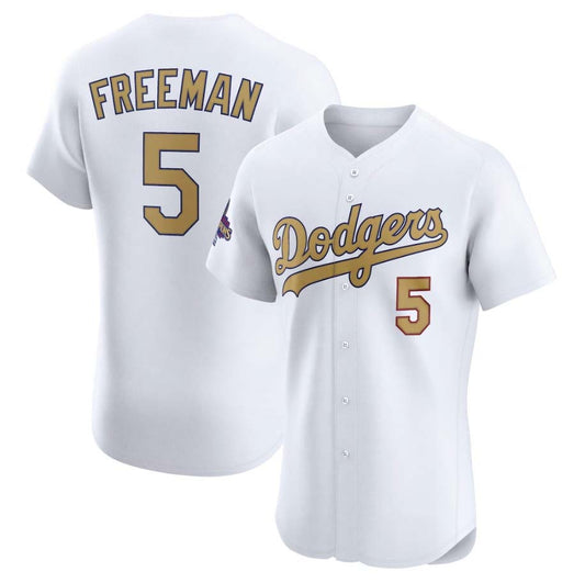 Los Angeles Dodgers #5 Freddie Freeman White 2025 Gold Collection Elite Stitched Baseball Jersey