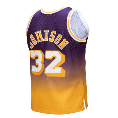 LA.Lakers #32 Magic Johnson Mitchell & Ness 1984-85 Hardwood Classics Fadeaway Swingman Player Jersey Gold Purple Stitched American Basketball Jersey