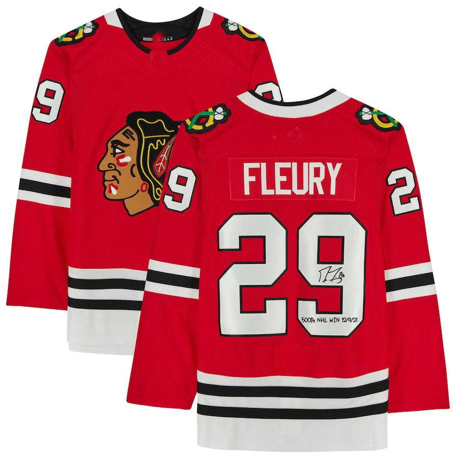 C.Blackhawks #29 Marc-Andre Fleury Authentic Autographed Red Jersey with 500th Win 12-9-21 Inscription Red Stitched American Hockey Jerseys CustomName