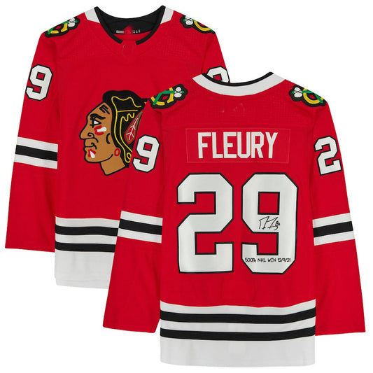 C.Blackhawks #29 Marc-Andre Fleury Authentic Autographed Red Jersey with 500th Win 12-9-21 Inscription Red Stitched American Hockey Jerseys CustomName