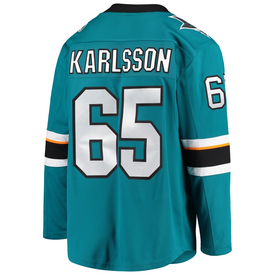 SJ.Sharks #65 Melker Karlsson Fanatics Branded Breakaway Home Player Jersey  Teal Stitched American Hockey Jerseys CustomName