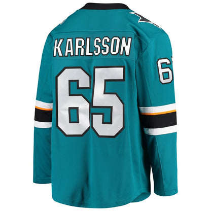 SJ.Sharks #65 Melker Karlsson Fanatics Branded Breakaway Home Player Jersey  Teal Stitched American Hockey Jerseys CustomName