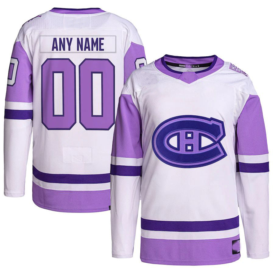 Custom M.Canadiens Hockey Fights Cancer Primegreen Authentic Jersey  White Purple Stitched American Hockey Jerseys CustomName