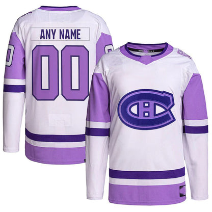 Custom M.Canadiens Hockey Fights Cancer Primegreen Authentic Jersey  White Purple Stitched American Hockey Jerseys CustomName
