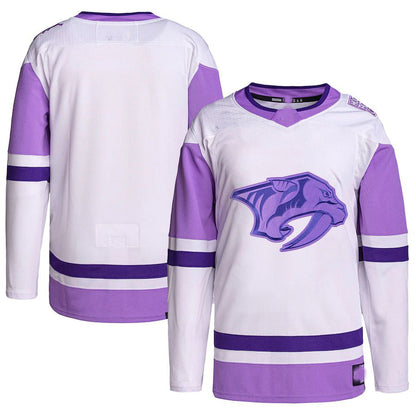 N.Predators Hockey Fights Cancer Primegreen Authentic Blank Practice Jersey White Purple Stitched American Hockey Jerseys CustomName