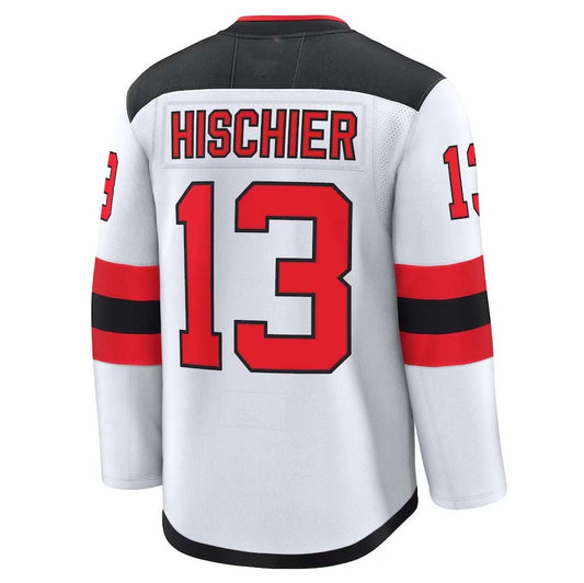 NJ.Devils #13 Nico Hischier Fanatics Away Premium Jersey - White Stitched American Hockey Jerseys CustomName