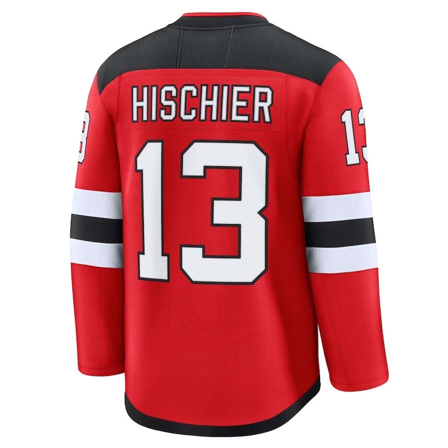 NJ.Devils #13 Nico Hischier Fanatics Home Premium Jersey - Red Stitched American Hockey Jerseys CustomName