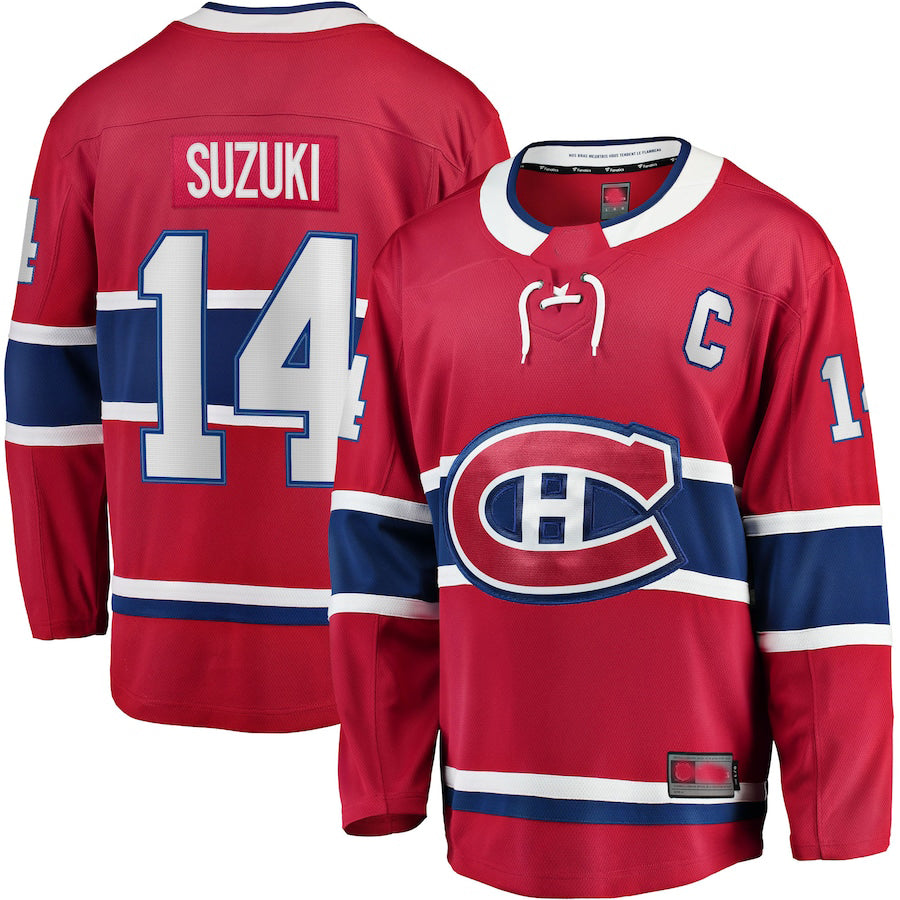 M.Canadiens #14 Nick Suzuki Fanatics Branded Home Captain Patch Breakaway Player Jersey  Red Stitched American Hockey Jerseys CustomName