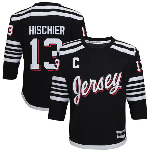 NJ.Devils #13 Nico Hischier 2021-22 Alternate Replica Player Jersey Black Stitched American Hockey Jerseys CustomName