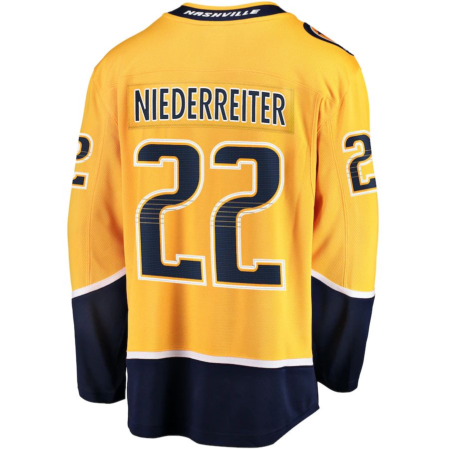 N.Predators #22 Nino Niederreiter Fanatics Branded Home Breakaway Player Jersey Gold Stitched American Hockey Jerseys CustomName