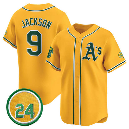 Oakland Athletics #9 Reggie Jackson Yellow 2024 Limited With Rickey Henderson Patch Stitched Baseball Jersey