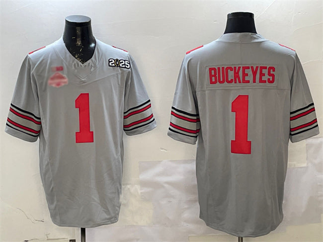 O.State Buckeyes #1 Buckeyes Grey 2025 CFP Final With National Champions Patch F.U.S.E. Vapor Limited Stitched Football American College Jerseys