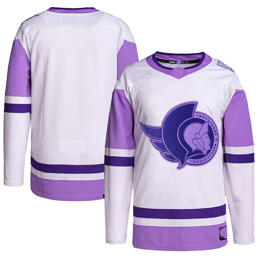 O.Senators Hockey Fights Cancer Primegreen Authentic Blank Practice Jersey White Purple Stitched American Hockey Jerseys CustomName