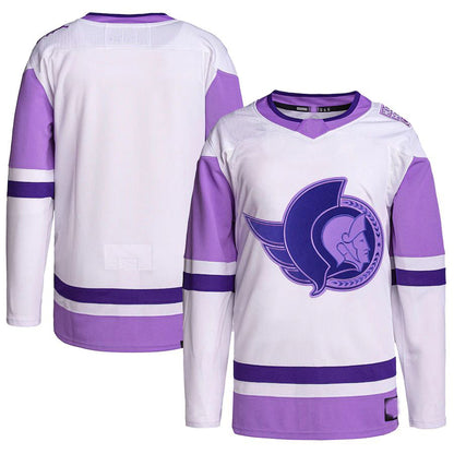 O.Senators Hockey Fights Cancer Primegreen Authentic Blank Practice Jersey White Purple Stitched American Hockey Jerseys CustomName