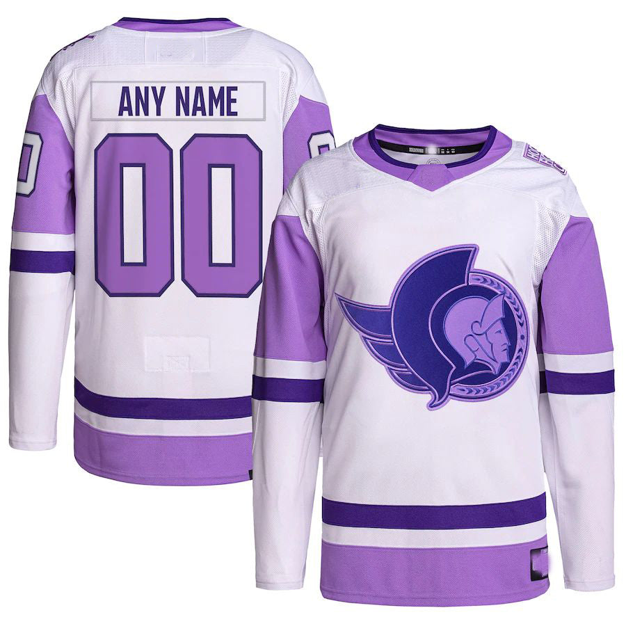 Custom O.Senators Hockey Fights Cancer Primegreen Authentic Jersey White Purple Stitched American Hockey Jerseys CustomName