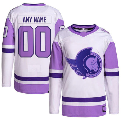 Custom O.Senators Hockey Fights Cancer Primegreen Authentic Jersey White Purple Stitched American Hockey Jerseys CustomName