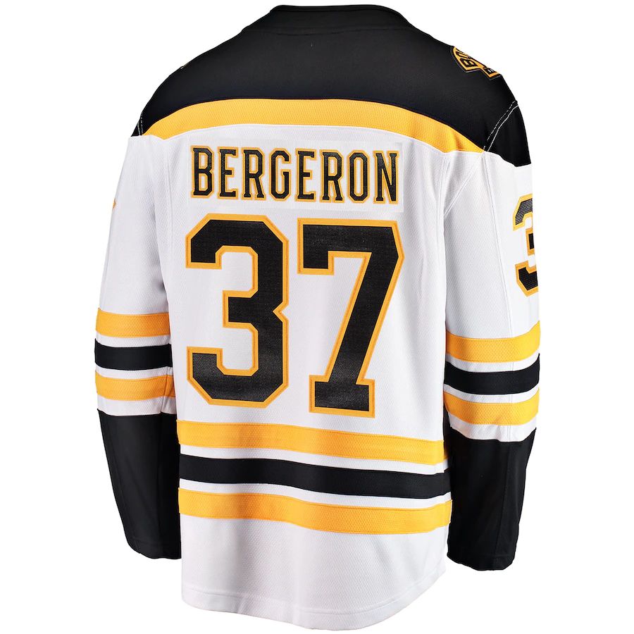 B.Bruins #37 Patrice Bergeron Fanatics Branded Away Captain Premier Breakaway Player Jersey White Black Stitched American Hockey Jerseys CustomName