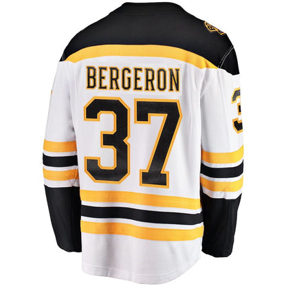 B.Bruins #37 Patrice Bergeron Fanatics Branded Away Captain Premier Breakaway Player Jersey White Black Stitched American Hockey Jerseys CustomName