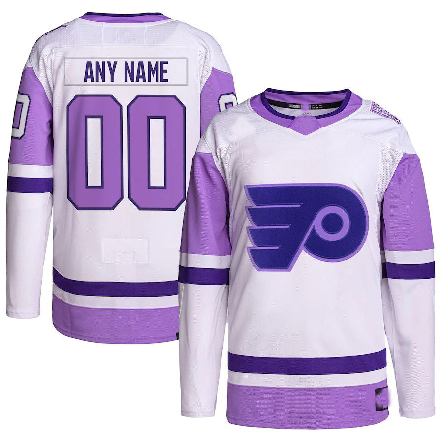 Custom P.Flyers Hockey Fights Cancer Primegreen Authentic Jersey White-Purple Stitched American Hockey Jerseys CustomName