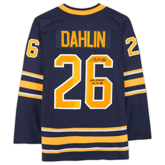 B.Sabres #26 Rasmus Dahlin Fanatics Authentic Autographed Jersey with Debut 10-4-18 Inscription Navy Stitched American Hockey Jerseys CustomName