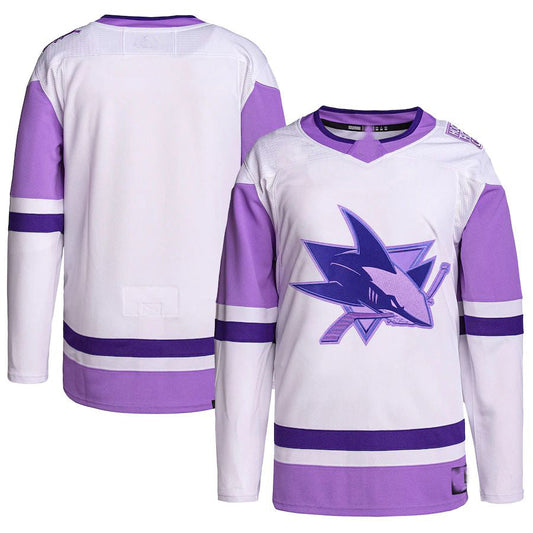 SJ.Sharks Hockey Fights Cancer Primegreen Authentic Blank Practice Jersey White Purple Stitched American Hockey Jerseys CustomName