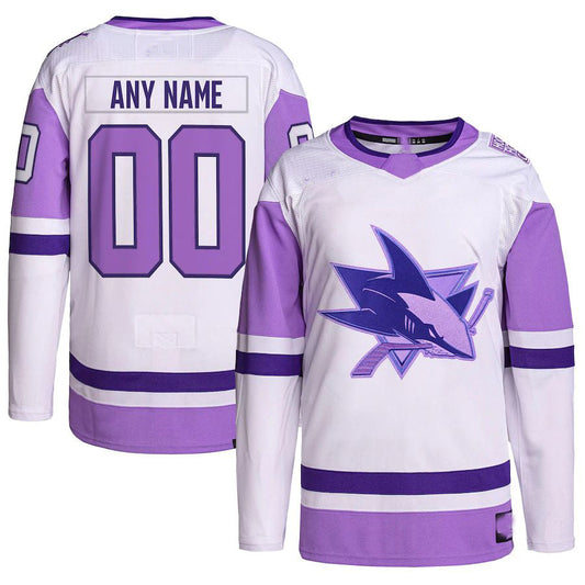Custom SJ.Sharks Hockey Fights Cancer Primegreen Authentic Jersey White Purple Stitched American Hockey Jerseys CustomName