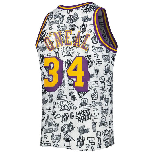 LA.Lakers #34 Shaquille O'Neal Mitchell & Ness 1996-97 Hardwood Classics Doodle Swingman Jersey White Stitched American Basketball Jersey
