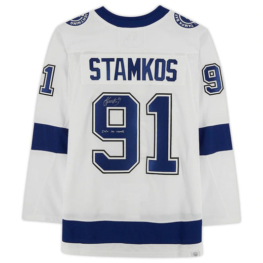 TB.Lightning #91 Steven Stamkos Fanatics Authentic Autographed with Stanley Cup Final Patch and 2020 SC Champs Inscription White Stitched American Hockey Jerseys CustomName