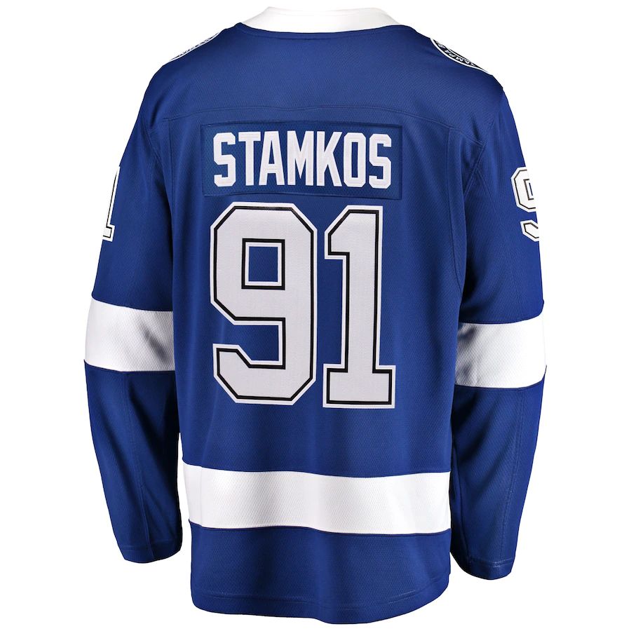 TB.Lightning #91 Steven Stamkos Fanatics Branded Home 2022 Stanley Cup Final Breakaway Player Jersey Blue Stitched American Hockey Jerseys CustomName