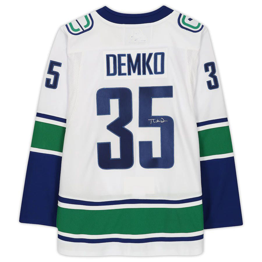 V.Canucks #35 Thatcher Demko Fanatics Authentic Autographed White Jersey Stitched American Hockey Jerseys CustomName