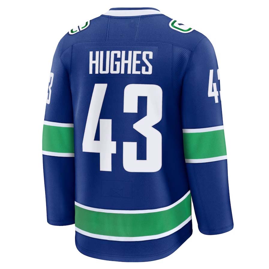 V.Canucks #43 Quinn Hughes Fanatics Home Premium Jersey - Blue Stitched American Hockey Jerseys CustomName