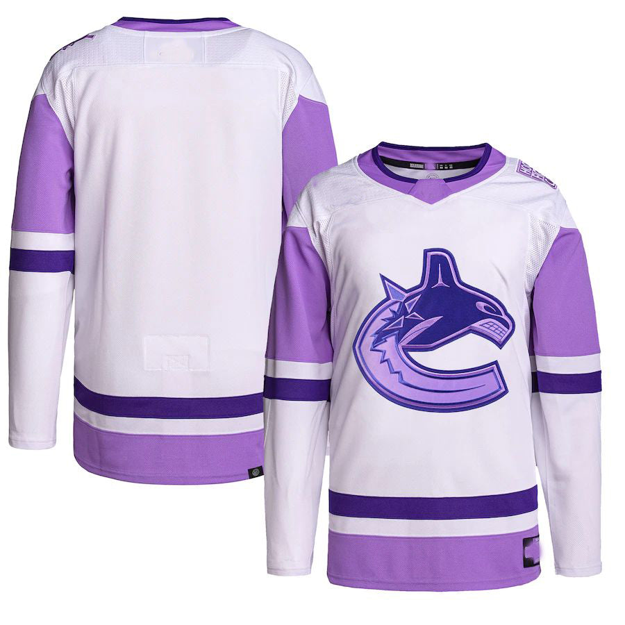 V.Canucks Hockey Fights Cancer Primegreen Authentic Blank Practice Jersey White Purple Stitched American Hockey Jerseys CustomName