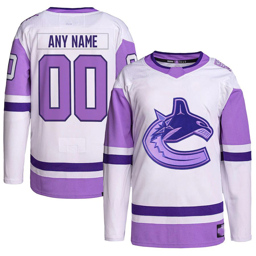 Custom V.Canucks Hockey Fights Cancer Primegreen Authentic Jersey White Purple Stitched American Hockey Jerseys CustomName