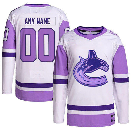 Custom V.Canucks Hockey Fights Cancer Primegreen Authentic Jersey White Purple Stitched American Hockey Jerseys CustomName