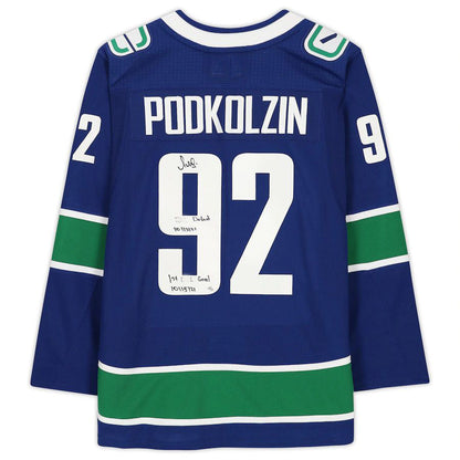V.Canucks #92 Vasily Podkolzin Fanatics Authentic Autographed Jersey with Multiple Inscriptions Limited Edition of 21 Blue Stitched American Hockey Jerseys CustomName
