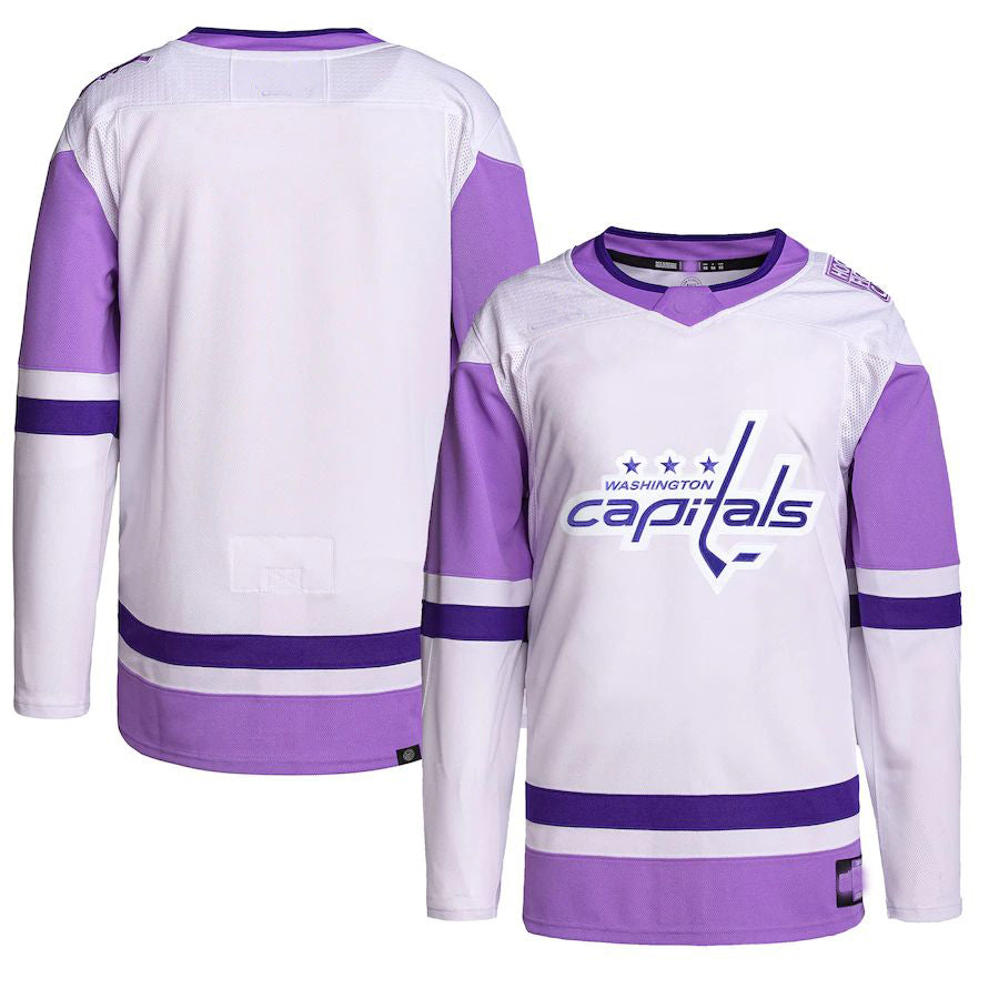 W.Capitals Hockey Fights Cancer Primegreen Authentic Blank Practice Jersey White Purple Stitched American Hockey Jerseys CustomName