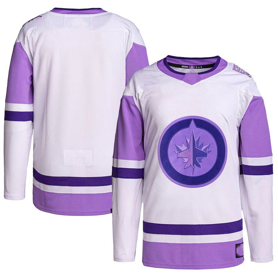W.Jets Hockey Fights Cancer Primegreen Authentic Blank Practice Jersey White Purple Stitched American Hockey Jerseys CustomName