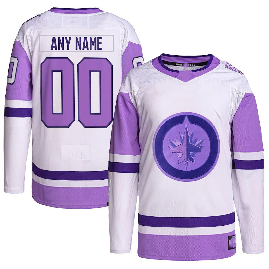 Custom W.Jets Hockey Fights Cancer Primegreen Authentic Jersey White Purple Stitched American Hockey Jerseys CustomName